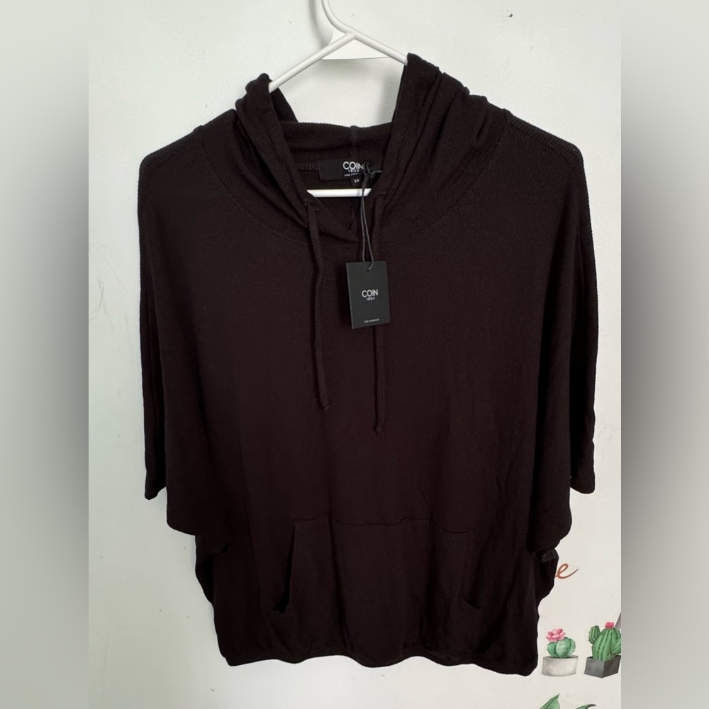 NWT Coin 1804 Sz 2X soft Thermal Black Short Sleeve Kangaroo Pocket Hoodie Top